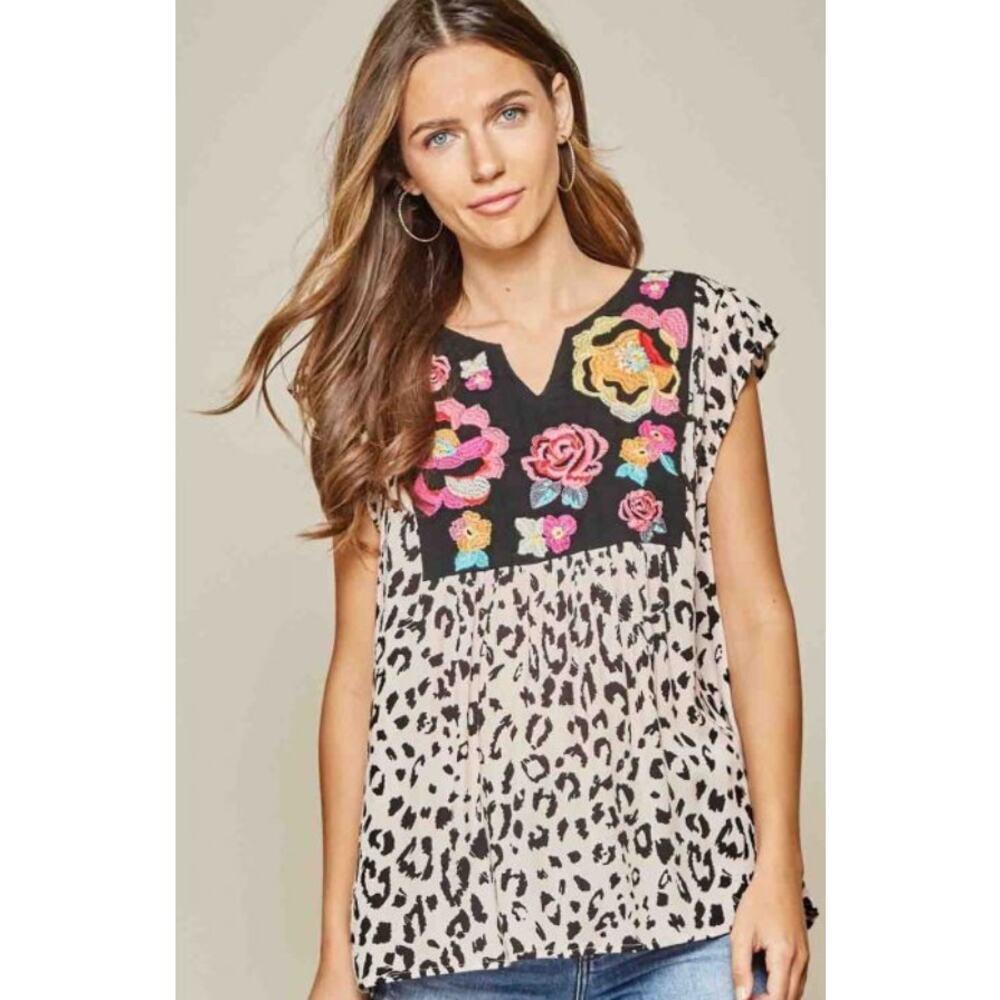 Savanna Jane‎ Floral Embroidered Leopard Print  Top Blouse Women's Small